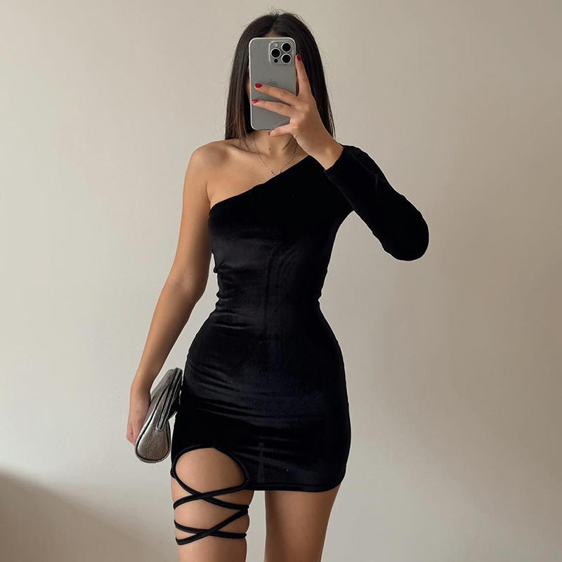 Women's Velvet One-Shoulder Bodycon Bandage Dress