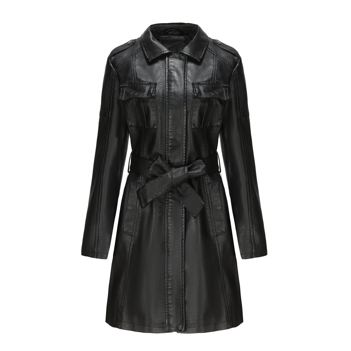 Women's Mid-Length Belted Faux Leather Long Sleeve Jacket with Zipper Design