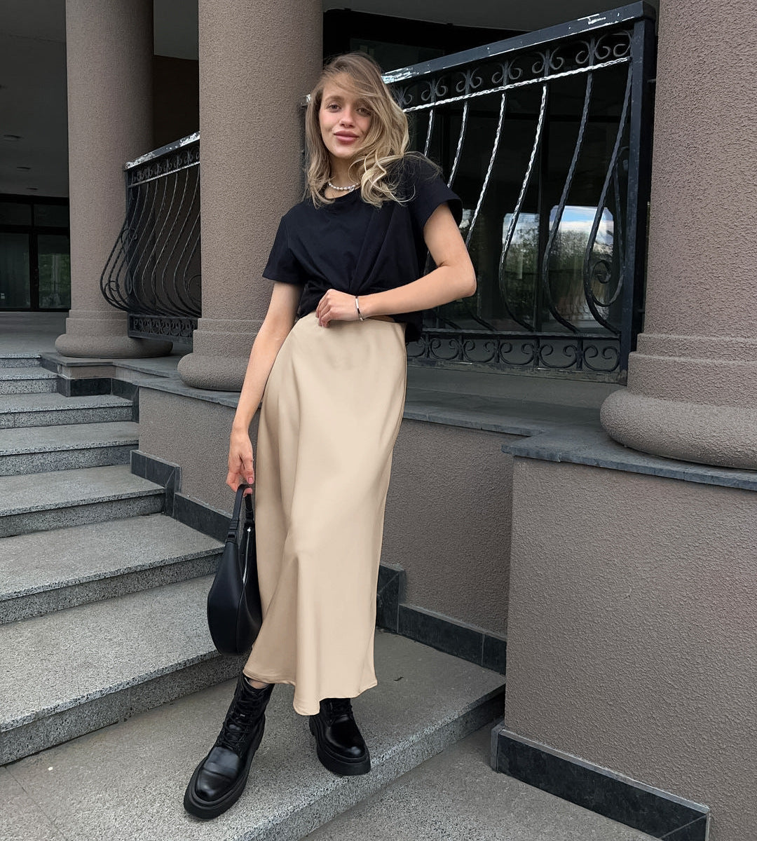 Women's Khaki Satin High-Waisted Versatile Midi Skirt