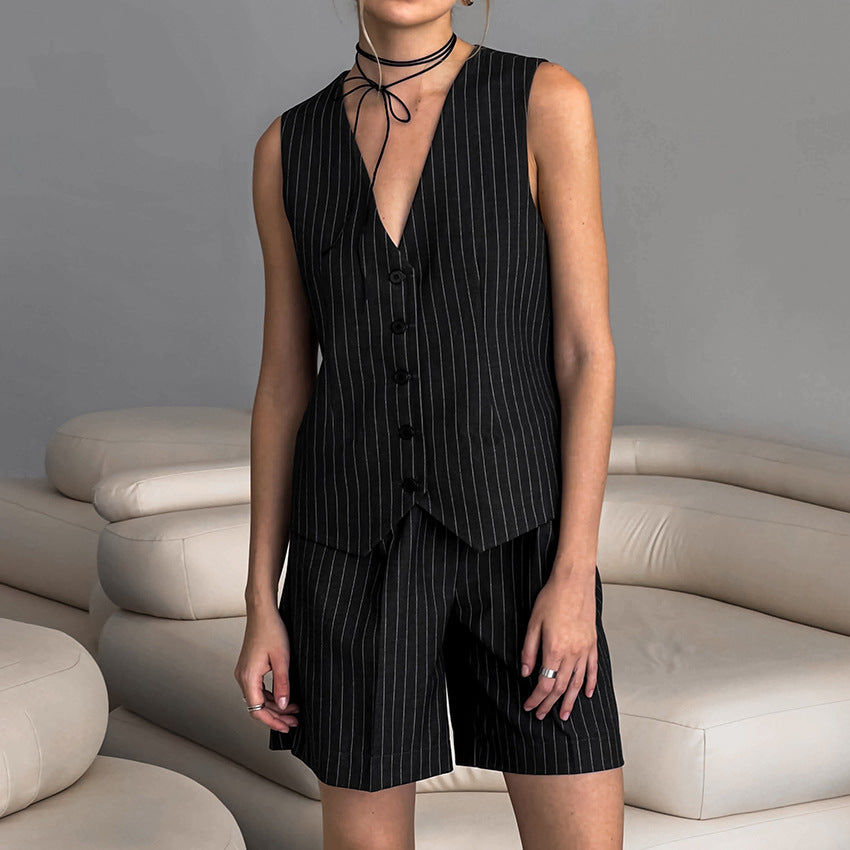 Women's Summer Loose Sleeveless Black Striped Vest and Shorts Two-Piece Set