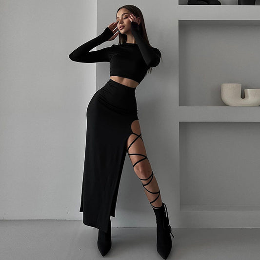 Solid Color Long Sleeve Short Crop Top with High Waist Sexy Tie Split Long Skirt Set