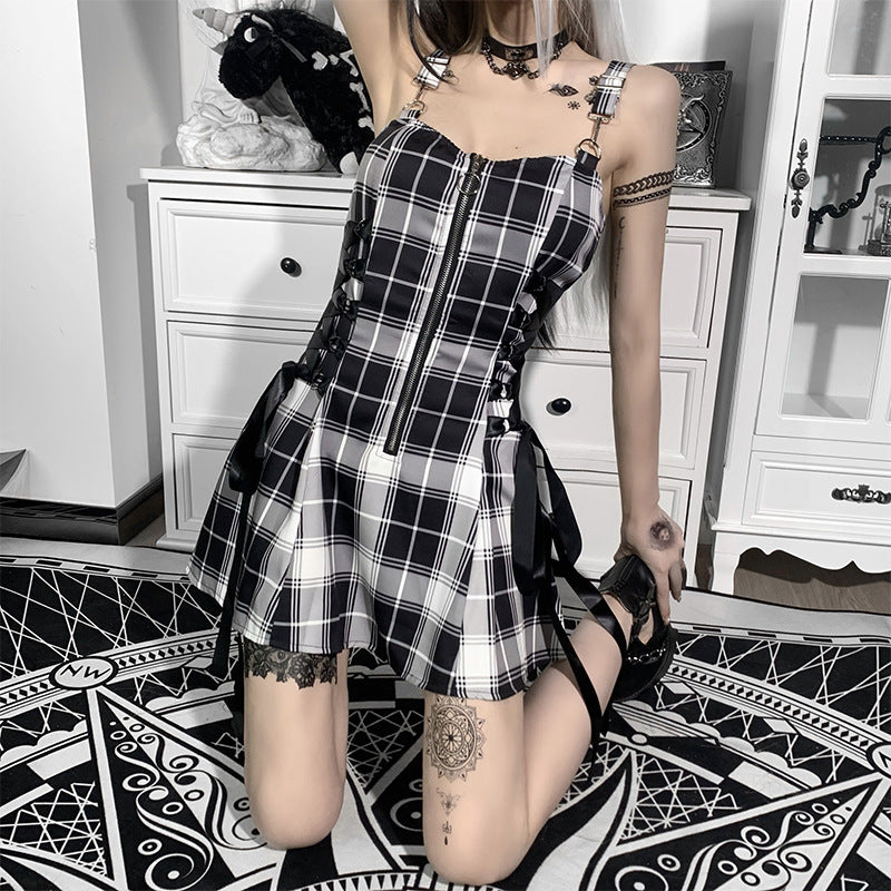 Women Gothic Punk Dresses Vintage Mall Goth Plaid Dress High Waist A-Line Emo Sexy Mini Dress