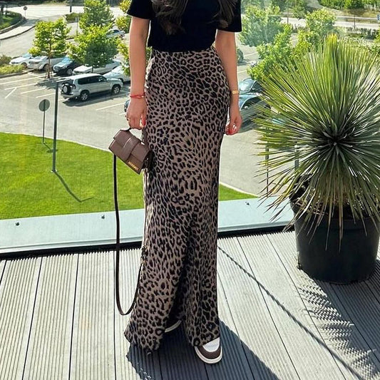 Women’s Sexy Satin Leopard Print High-Waisted Maxi Skirt