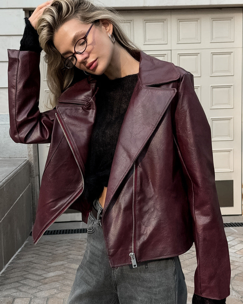 Women's Vintage Burgundy Faux Leather Blazer Jacket with Lapel Collar and Long Sleeves