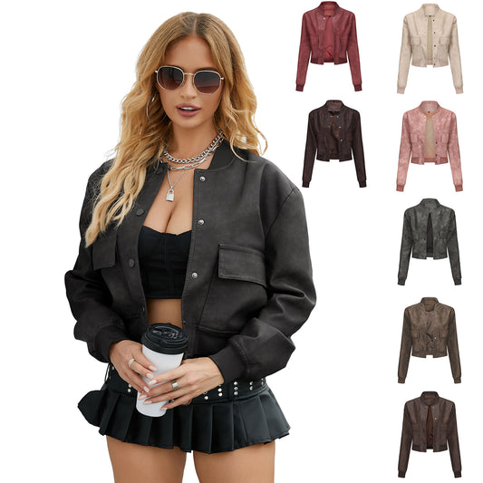 Women's Casual Loose-Fit Ribbed PU Leather Jacket