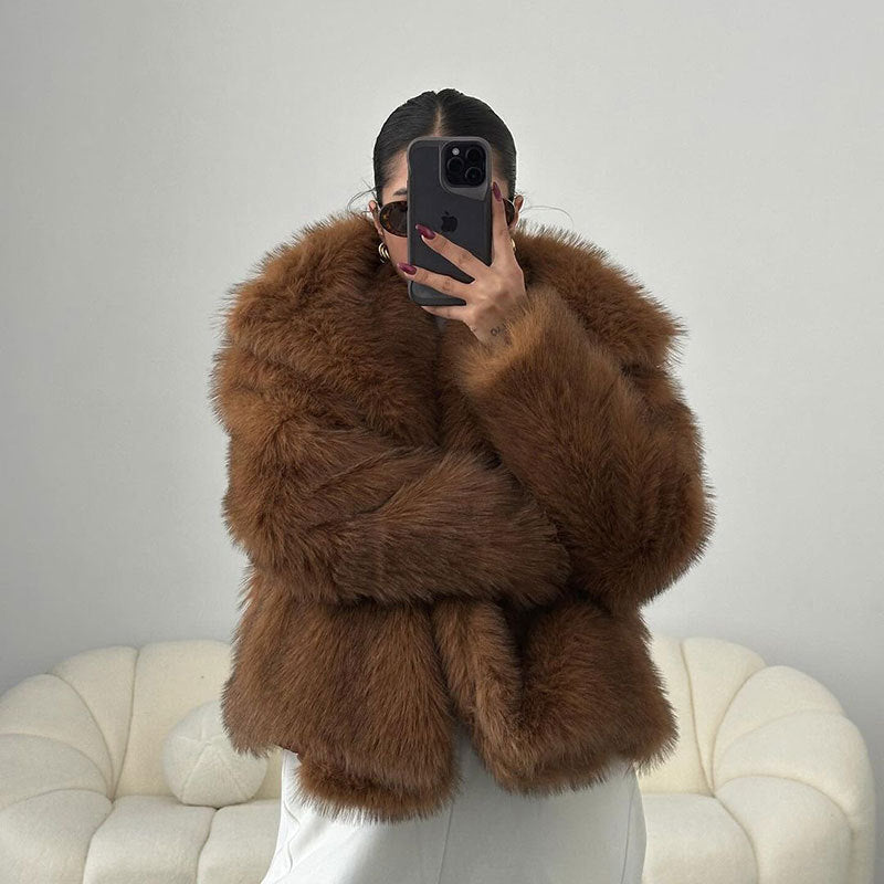 Women's Oversized Faux Fox Fur Coat with Large Lapel