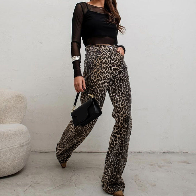 Trendy and Bold Streetwear Style High Waist Leopard Print Straight Pants