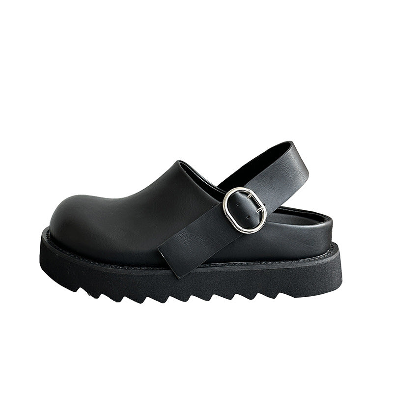 Classic Black College Style Leather Sandals with Buckle Strap