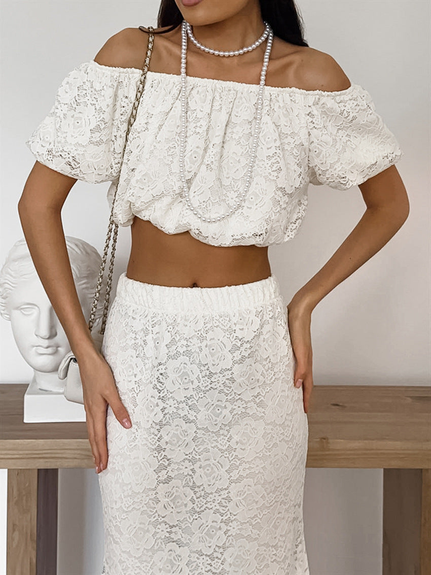 Women's Lace Jacquard Off-Shoulder Puff Sleeve Crop Top and Bodycon Mermaid Skirt Set