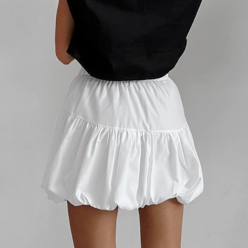 Women's Summer Chiffon Pure White French Puffy Midi Skirt