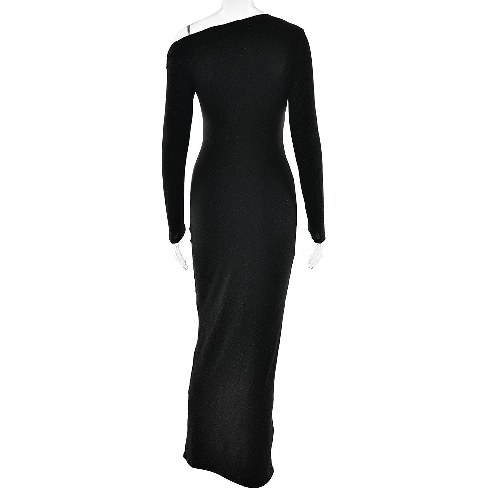 Women's One-Shoulder Long-Sleeve Bodycon Maxi Dress