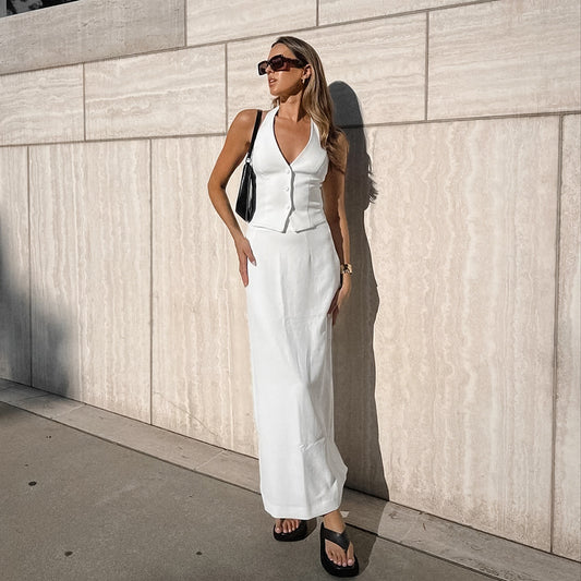 Women's Summer White Halter Sleeveless Vest and High-Waisted Slim-Fit Skirt Set