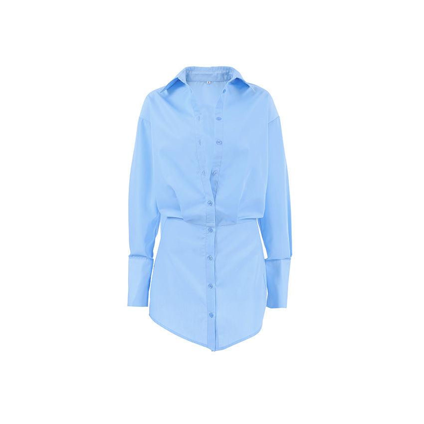 Blue Loose Collared Shirt Dress with Fitted Sleeves