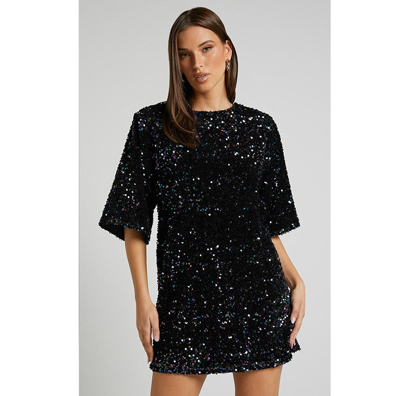 Women's Fashion Back V-Neck Backless Velvet Sequin Short Sleeve Dress