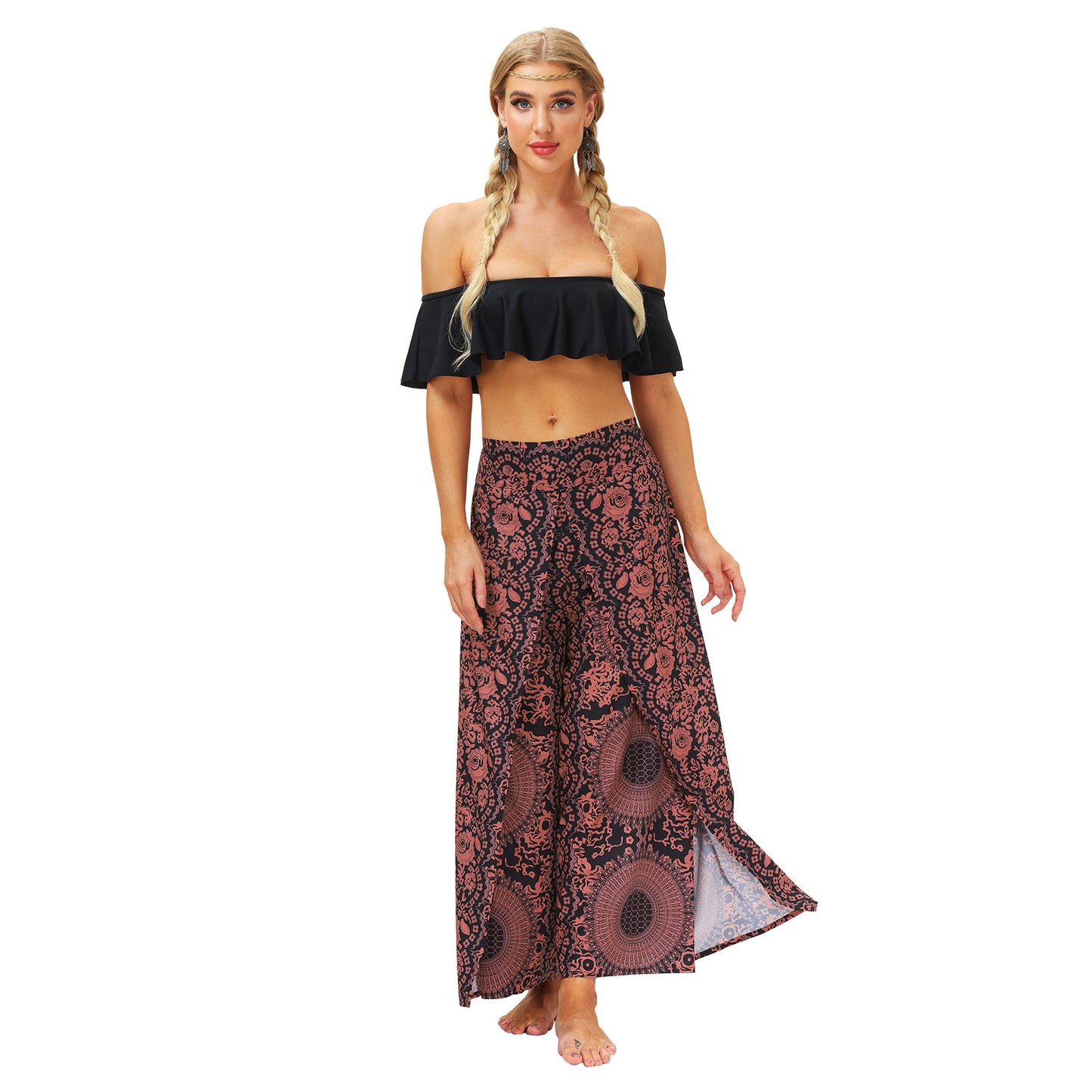 Geo Print Split Thigh Wide Leg Pants