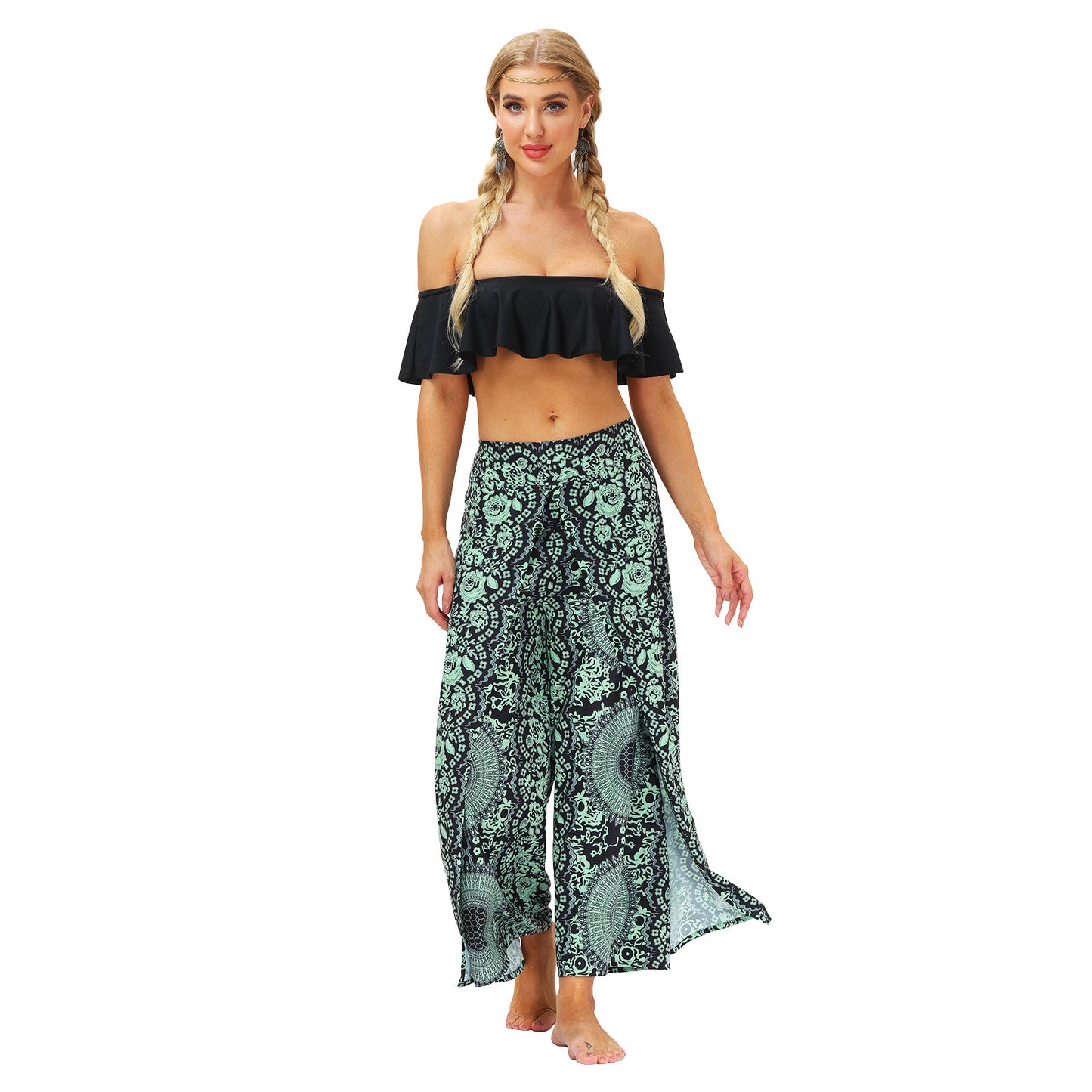 Geo Print Split Thigh Wide Leg Pants