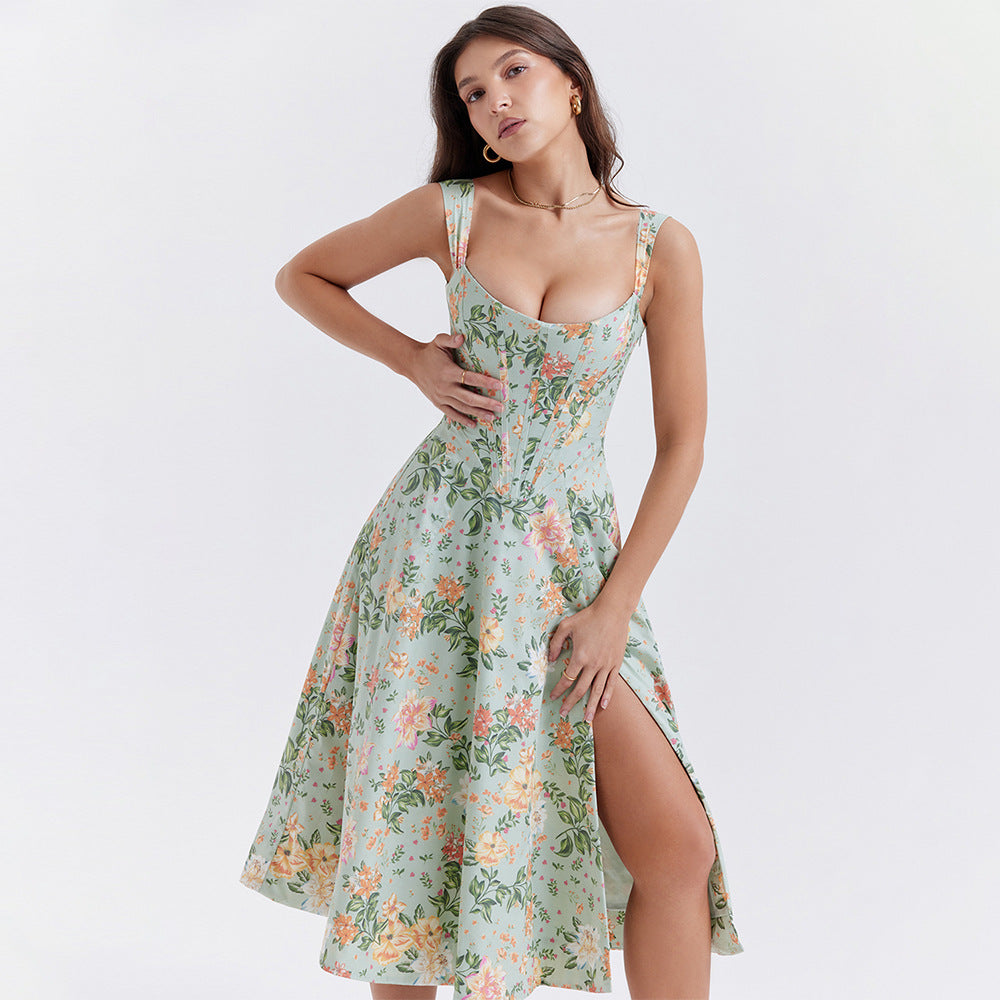 Seductive Spring: Bodycon Floral Slip Dress with Open Back and Thigh-high Slit, Perfect for Vacation or Festive Affairs