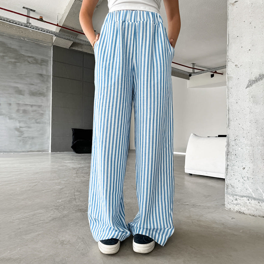 Women's Fashion Versatile Casual Striped High Waist Elastic Band Trousers