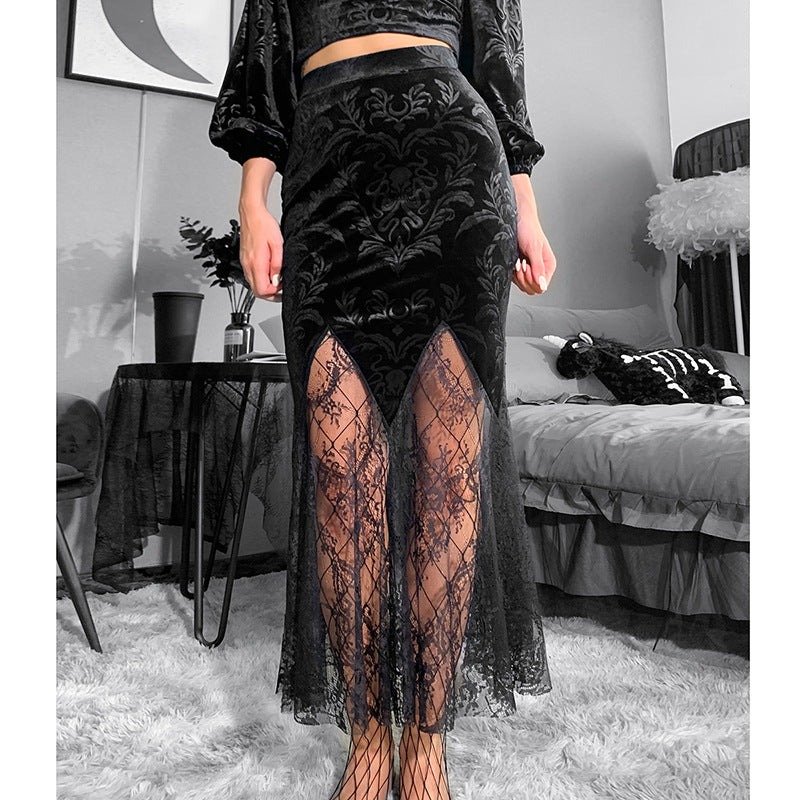 Women's Velvet Lace Midi Skirt with Kraken Pattern - Sexy Bodycon Gothic Skirt