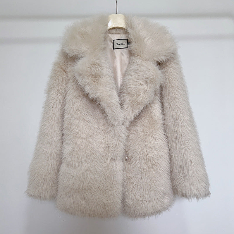 Women's Oversized Environmentally friendly Faux Fox Fur Coat with Large Lapel