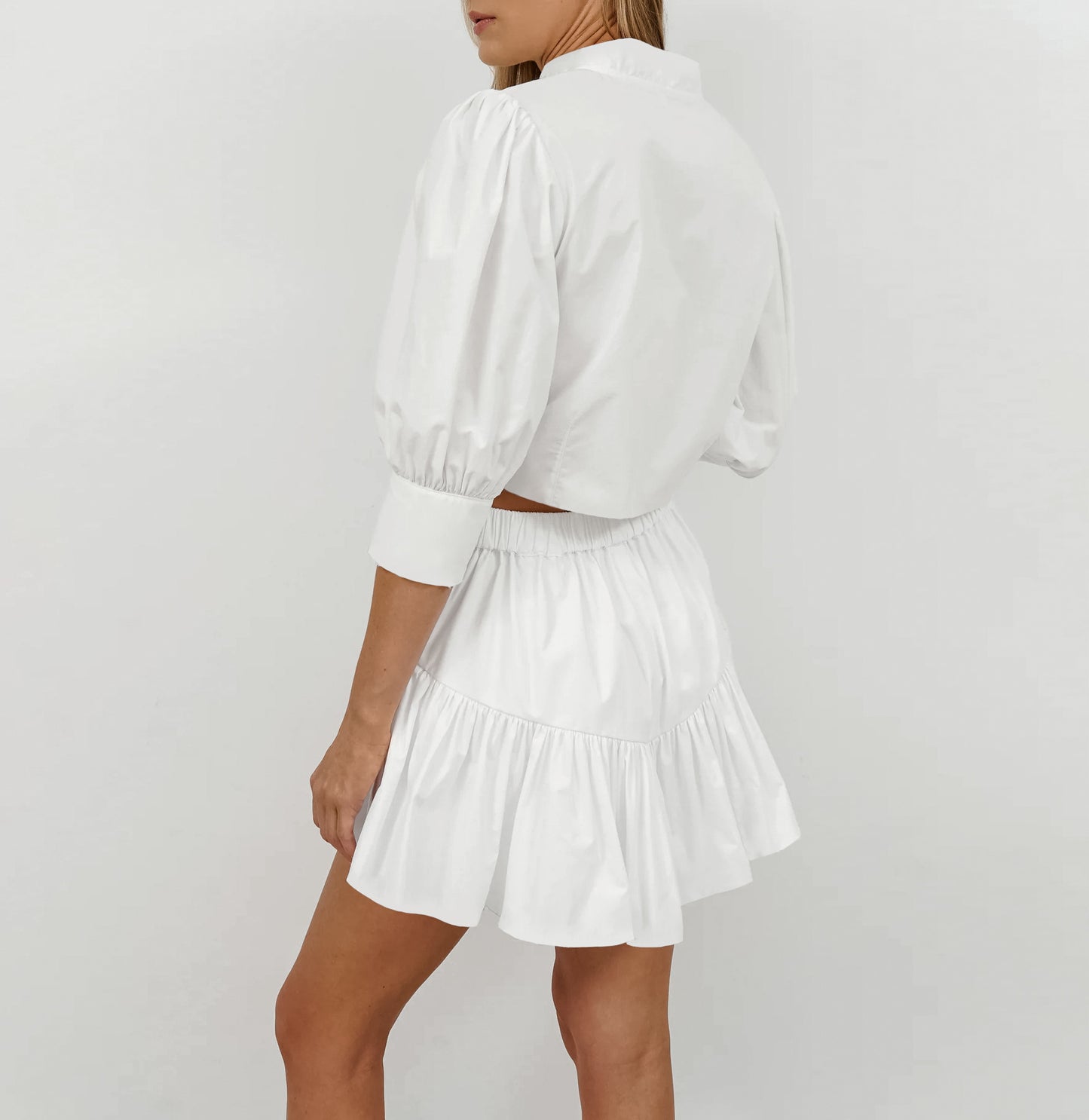 Women's Summer Cotton Linen White Mandarin Collar 3/4 Sleeve Blouse and High Waist Tight Skirt Set