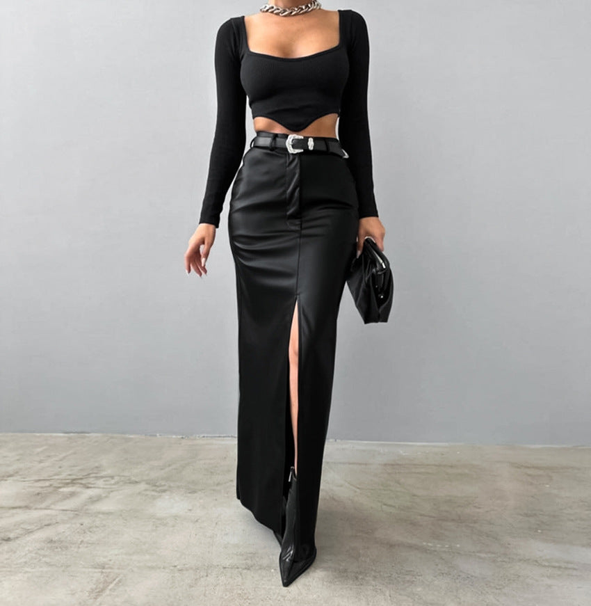 Women's High-Waisted Fleece-Lined Matte Leather Bodycon Straight Skirt