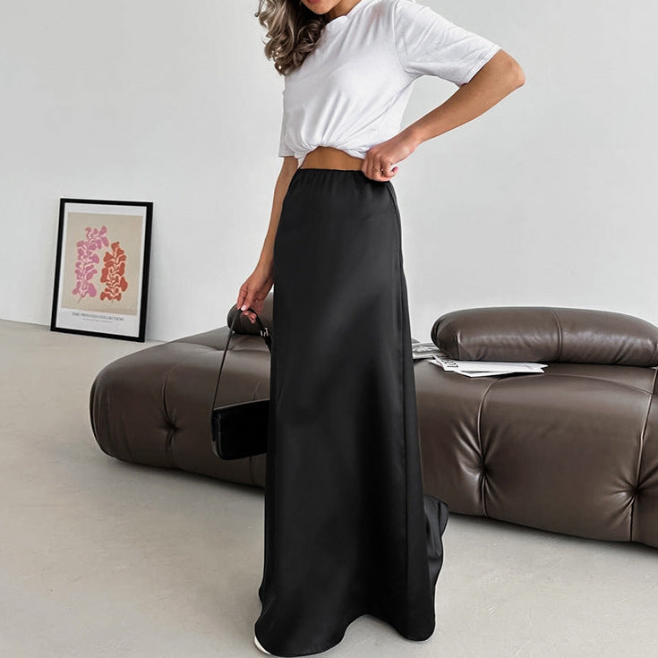 Women's Versatile Black Satin A-Line Midi Skirt