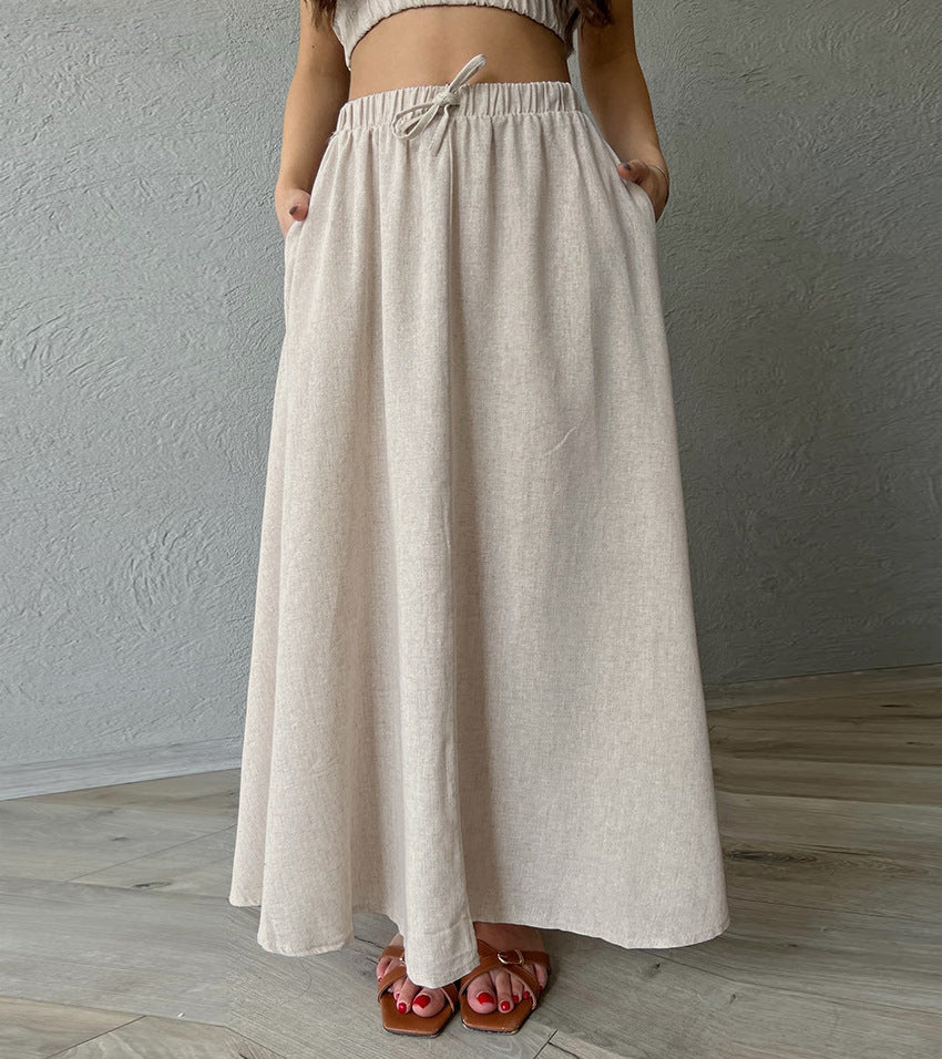 Women's Summer Casual Cotton Linen Crop Sleeveless Top and Sexy High-Slit Maxi Skirt Set