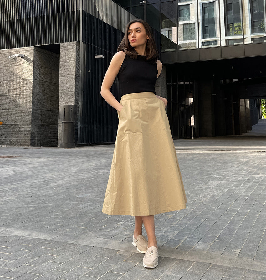 Women's Khaki Cotton A-Line High Waist Skirt