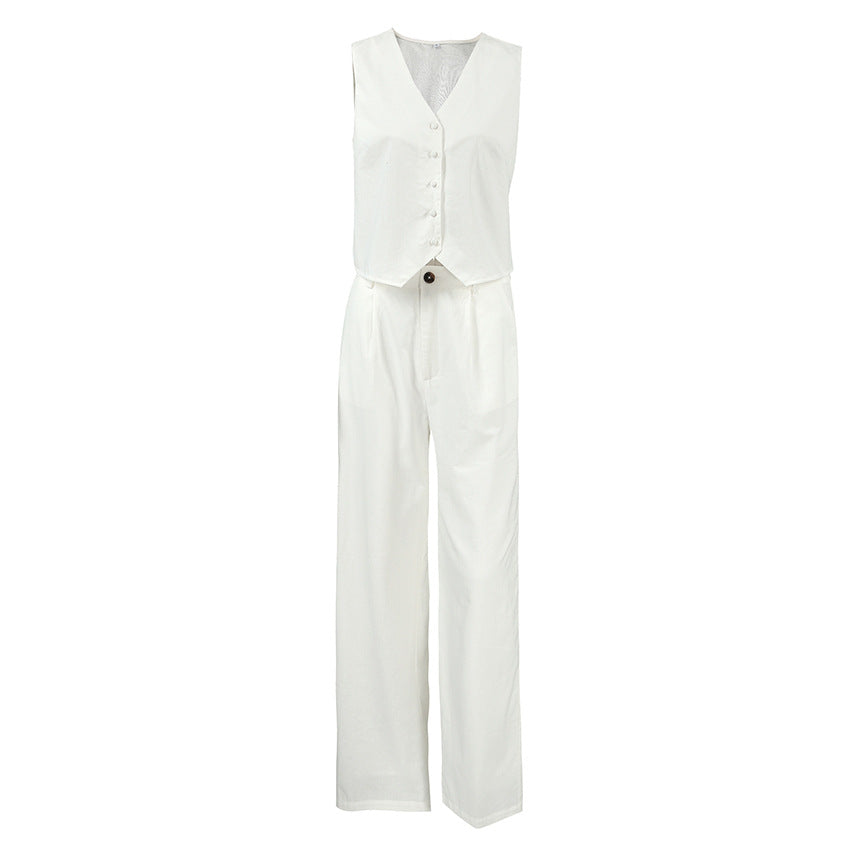 Women's Summer Casual White Sleeveless V-Neck Vest and Long Pants Set