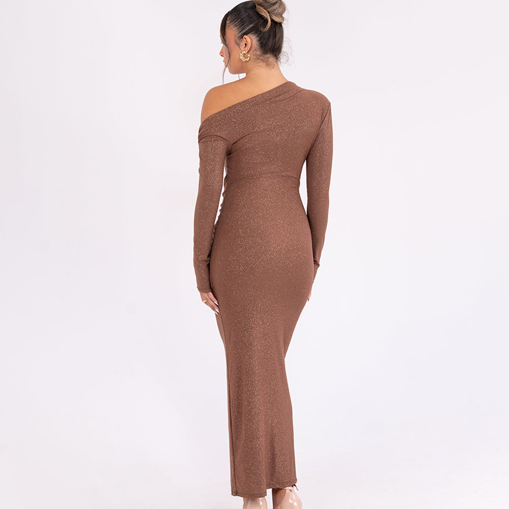 Women's One-Shoulder Long-Sleeve Bodycon Maxi Dress