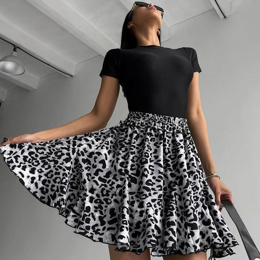 Women's Summer Sexy Leopard Print Ruffle Hem Elastic Waist Slimming Skirt