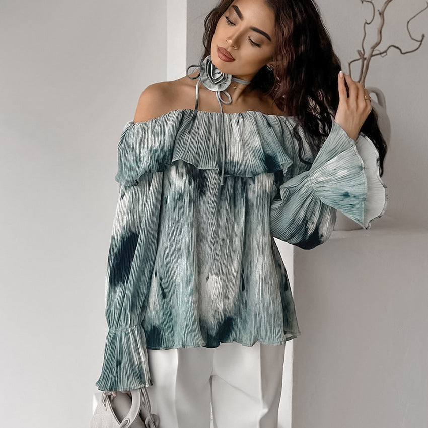 Women's Casual Printed Off-Shoulder Tie Loose Bell Sleeve Blouse with Floral Necklace