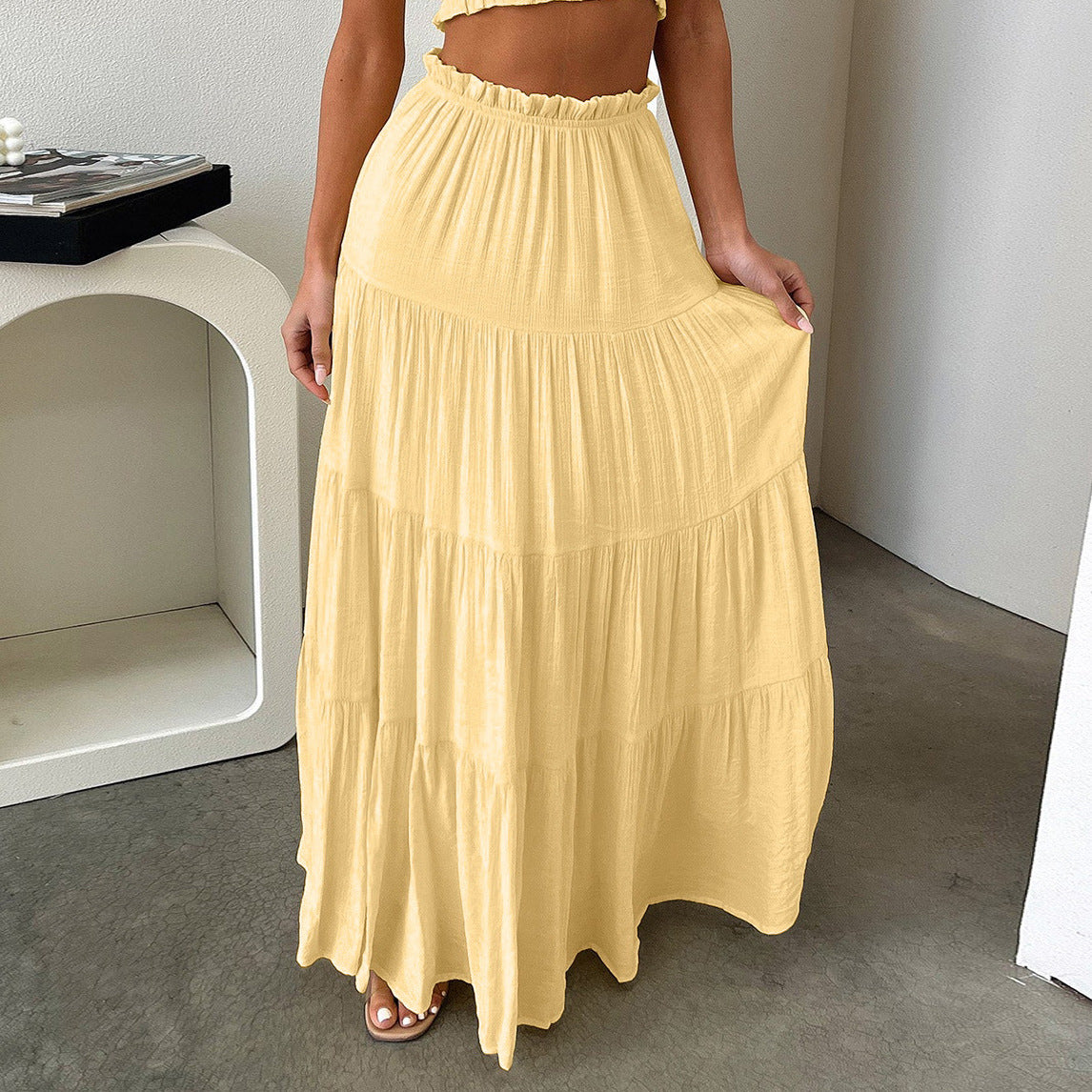 Solid Color High-Waisted Cotton Pleated Maxi Skirt - Elegant and Figure-Flattering