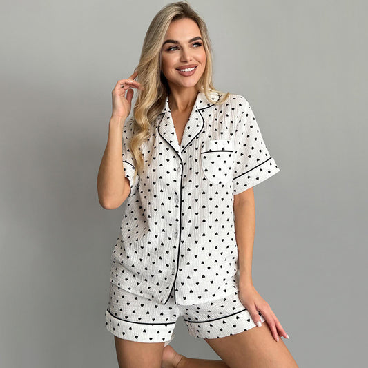 Women's Cotton Short Sleeve Pajama Set with Heart Print, Soft and Cozy Ladies Loungewear