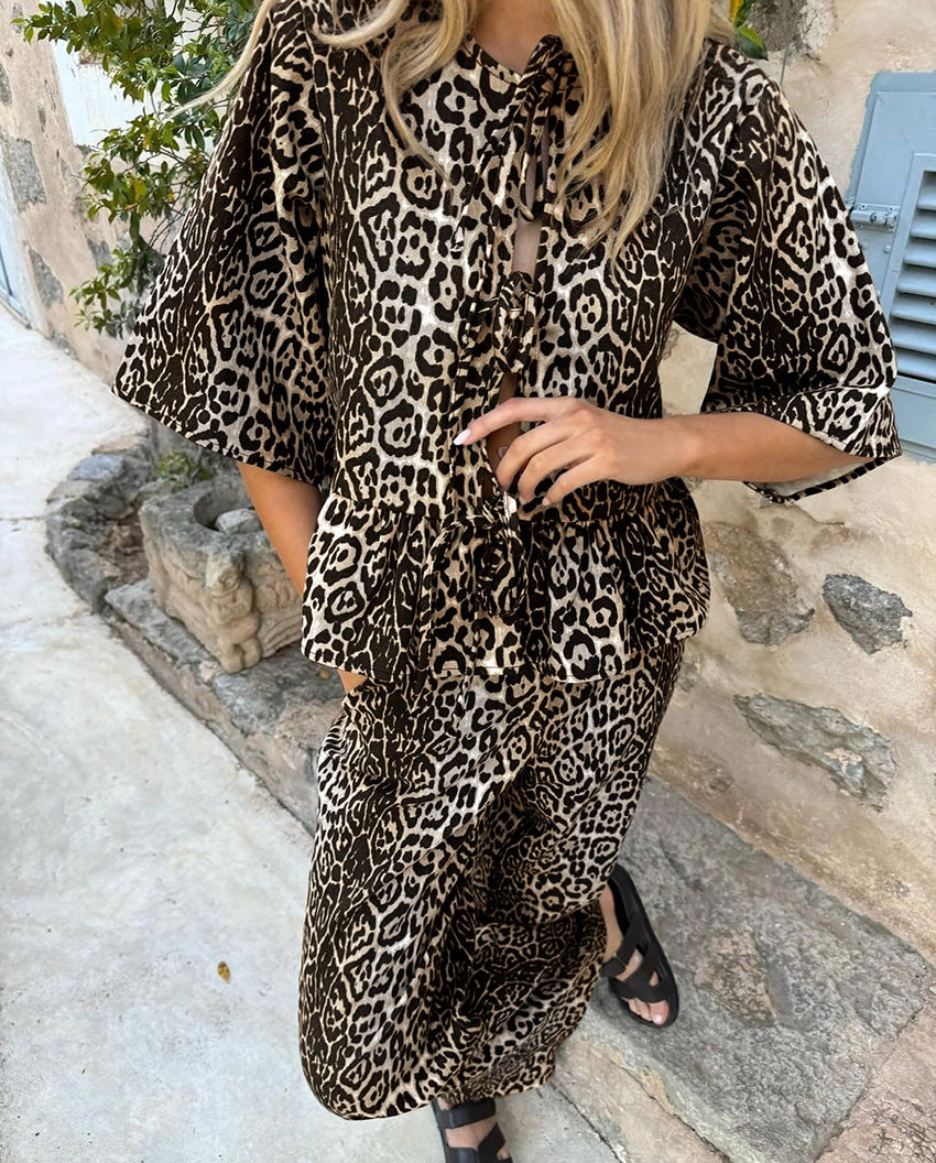 Women's Summer Sexy Leopard Print Round Neck Tie-Front Shirt and Pants Set