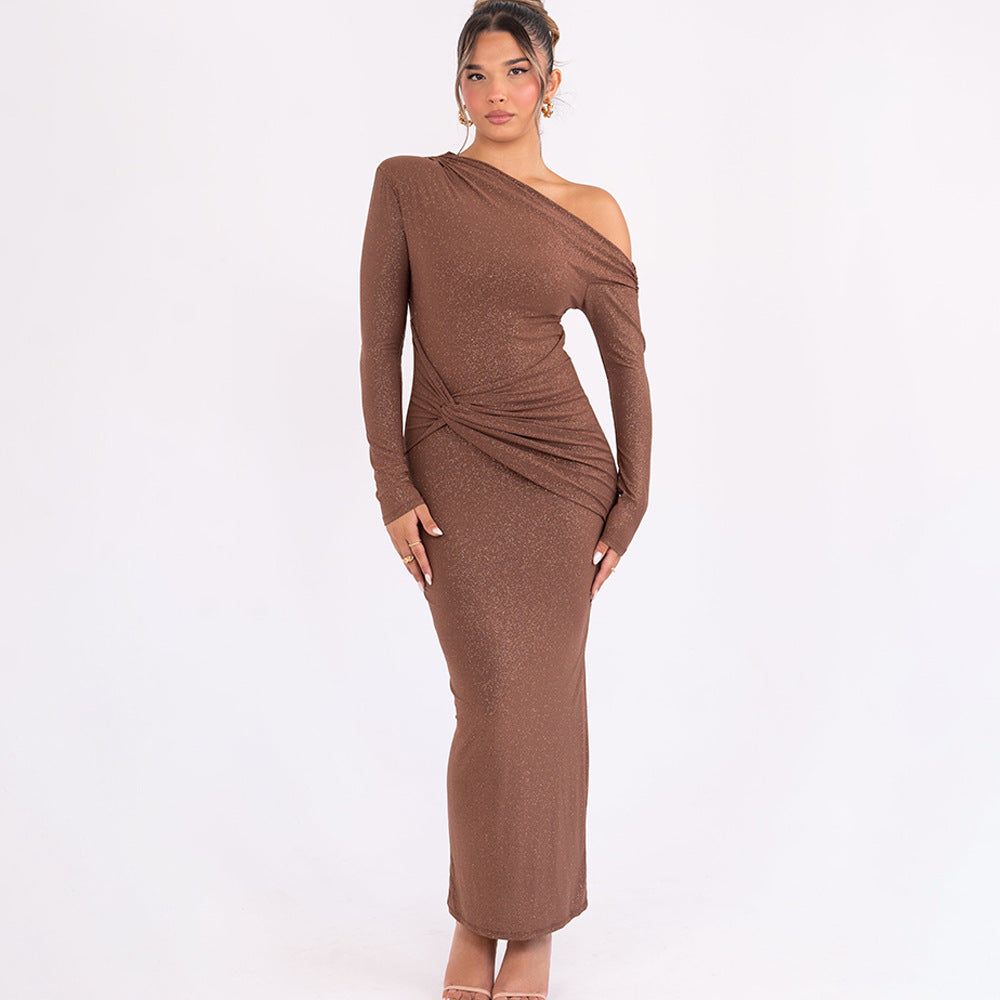 Women's One-Shoulder Long-Sleeve Bodycon Maxi Dress