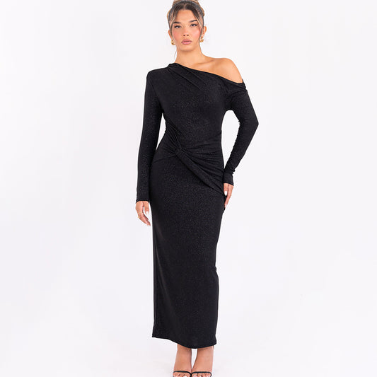 Women's One-Shoulder Long-Sleeve Bodycon Maxi Dress