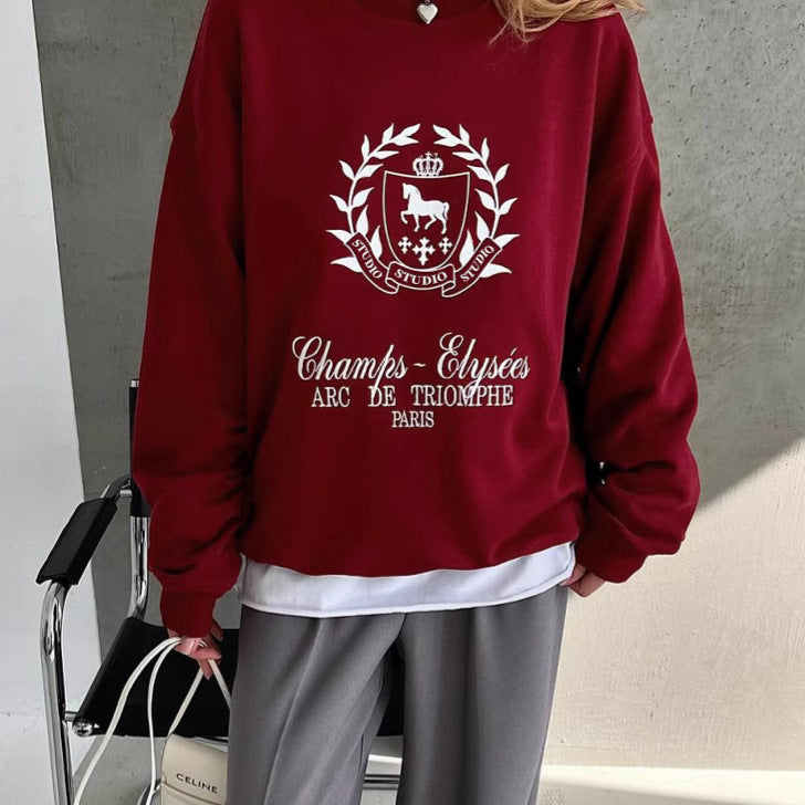 Women's Angora Red Crewneck Pullover Printed Sweatshirt