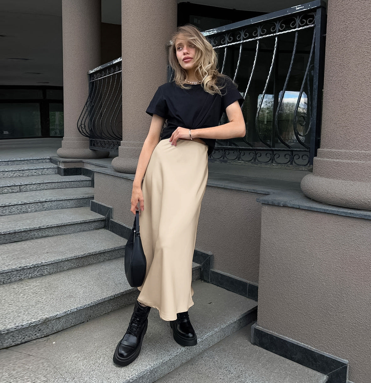 Women's Khaki Satin High-Waisted Versatile Midi Skirt