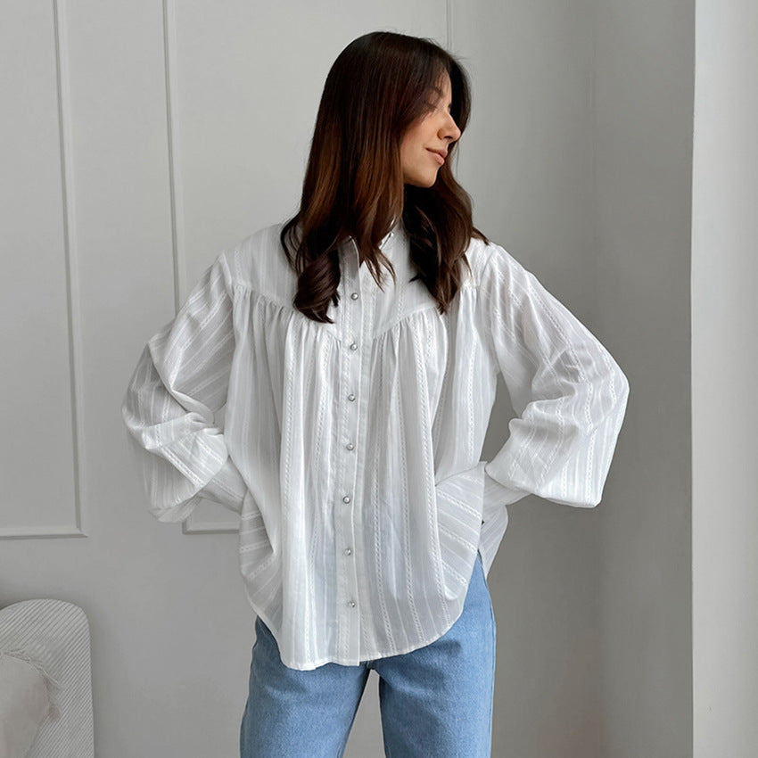 Women's Elegant French-Style Cotton Jacquard Stand Collar Long-Sleeve Shirt