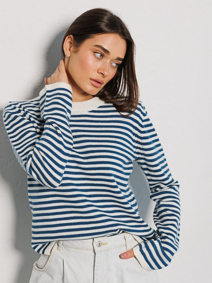 Women's Fashion Ribbed Color Block Striped Crew Neck Knit Sweater