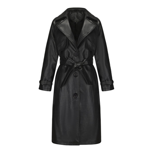 Women's Long Loose PU Leather Coat with Classic Lapel Belted Trench Coat