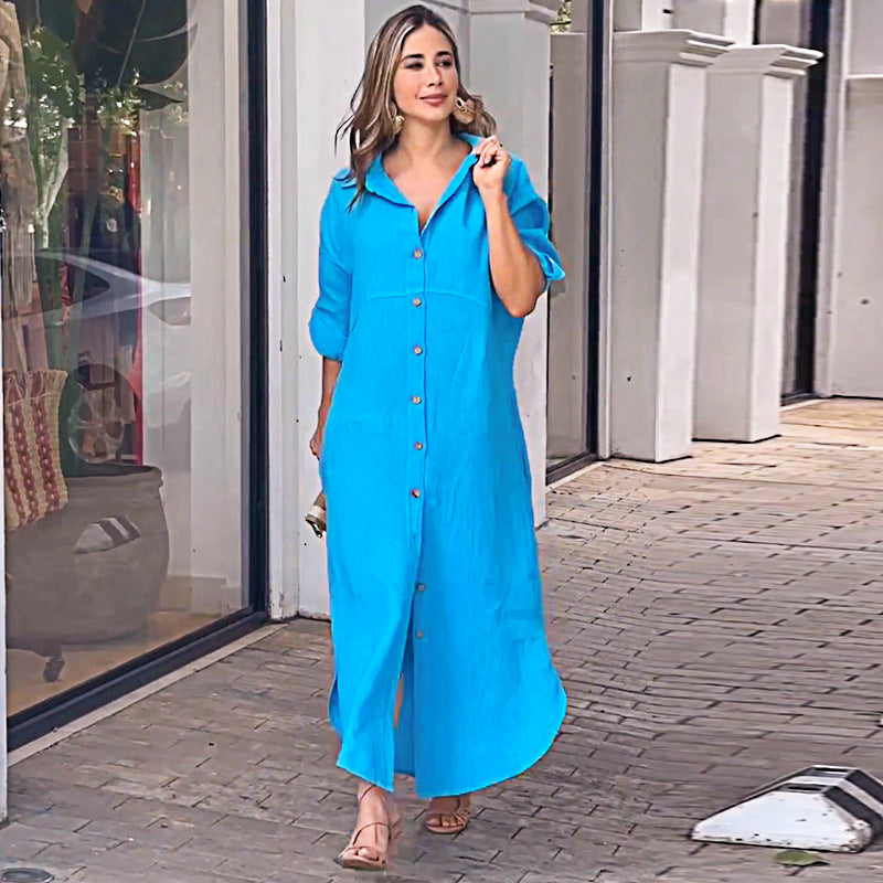 Women's Autumn Winter Loose Casual Solid Color Long Sleeve Shirt Dress