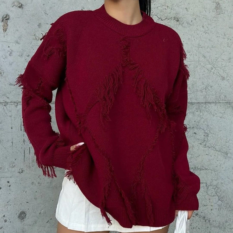 Women's Loose Sweater with Diamond Fringe Hollow Design