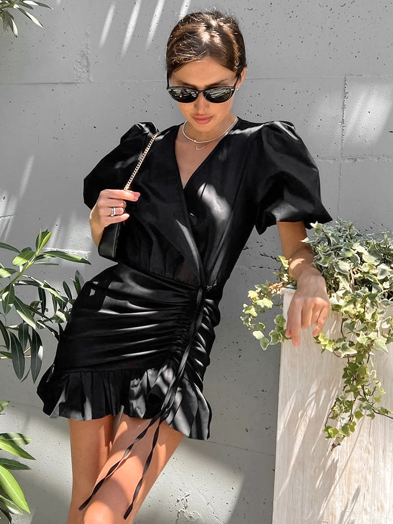 Women's Summer Sexy V-Neck Puff Sleeve Drawstring High Waist Dress