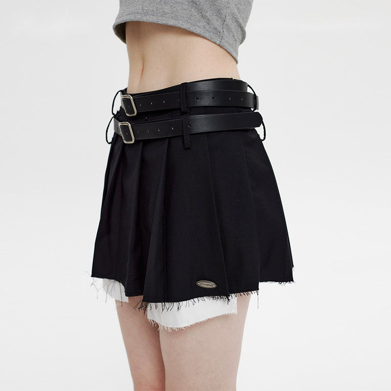 Double Belt Pleated Skirt