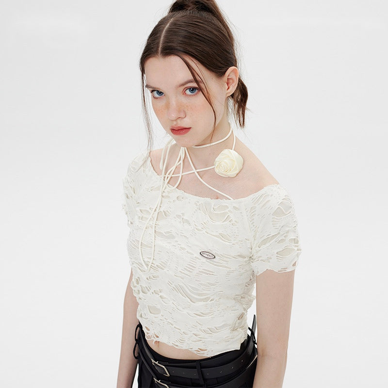 Cropped Collar Rosette Ripped Top