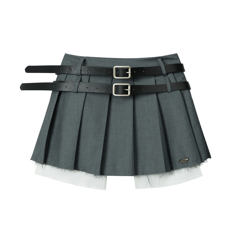 Double Belt Pleated Skirt