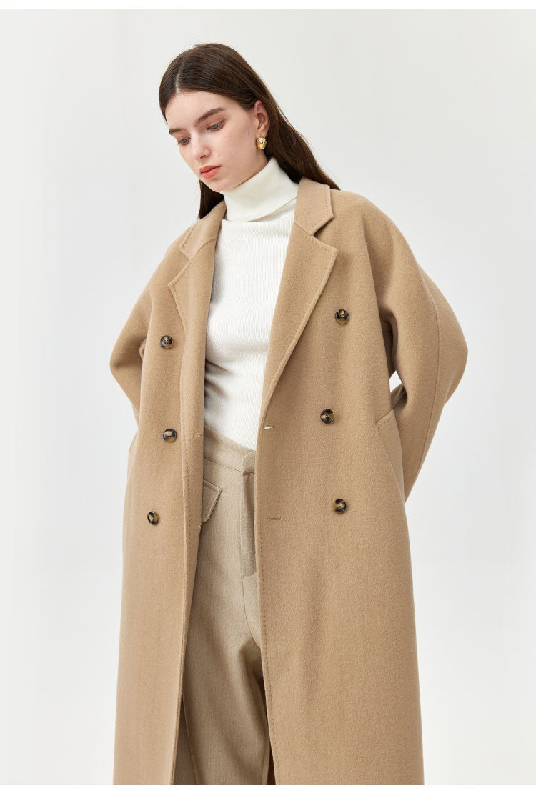 Women's loose double-breasted lace-up wool coat